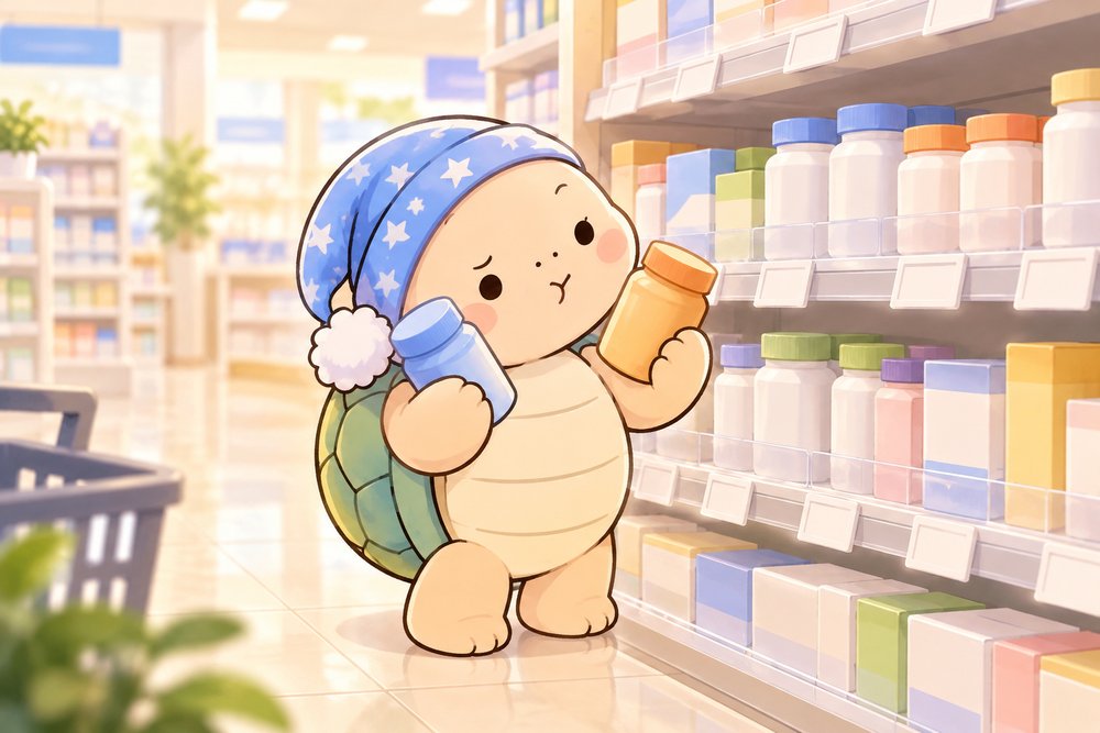 ドラッグストアでサプリを見くらべるカメのナビ助