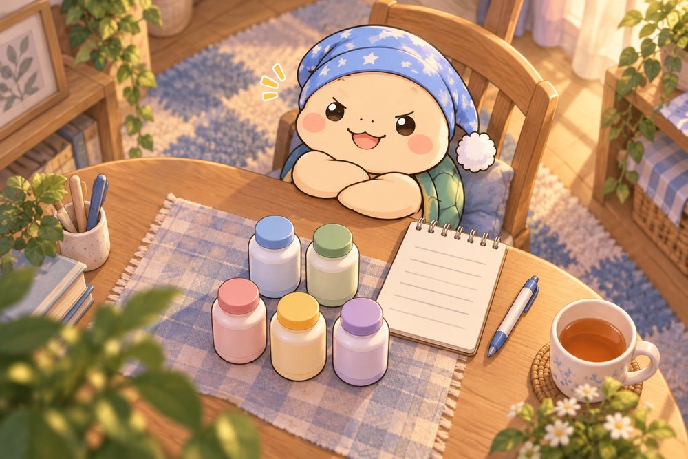 サプリを並べて悩み別に整理するカメのナビ助