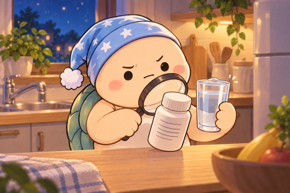 寝る前にサプリの飲む量を確かめるカメのナビ助