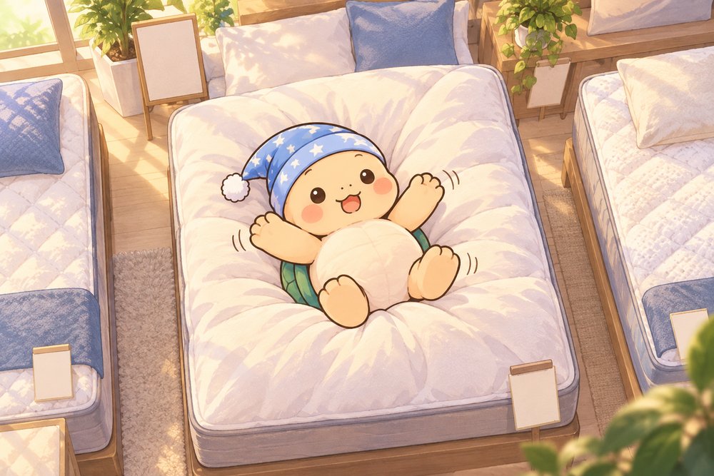ふかふかのマットレスにしずむカメのナビ助