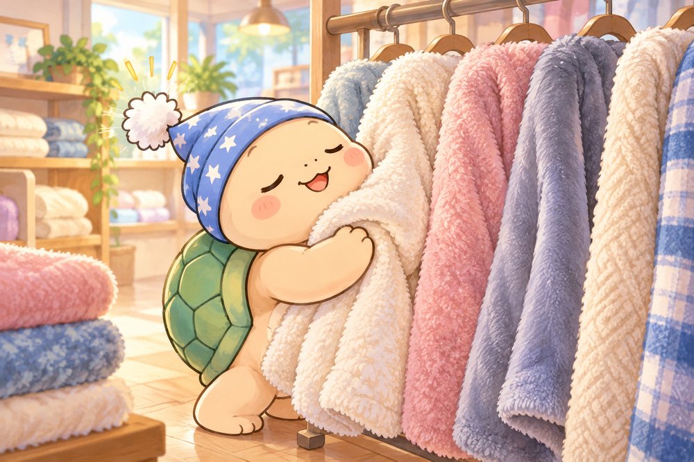 寝具のお店で毛布の肌ざわりを比べるカメのナビ助