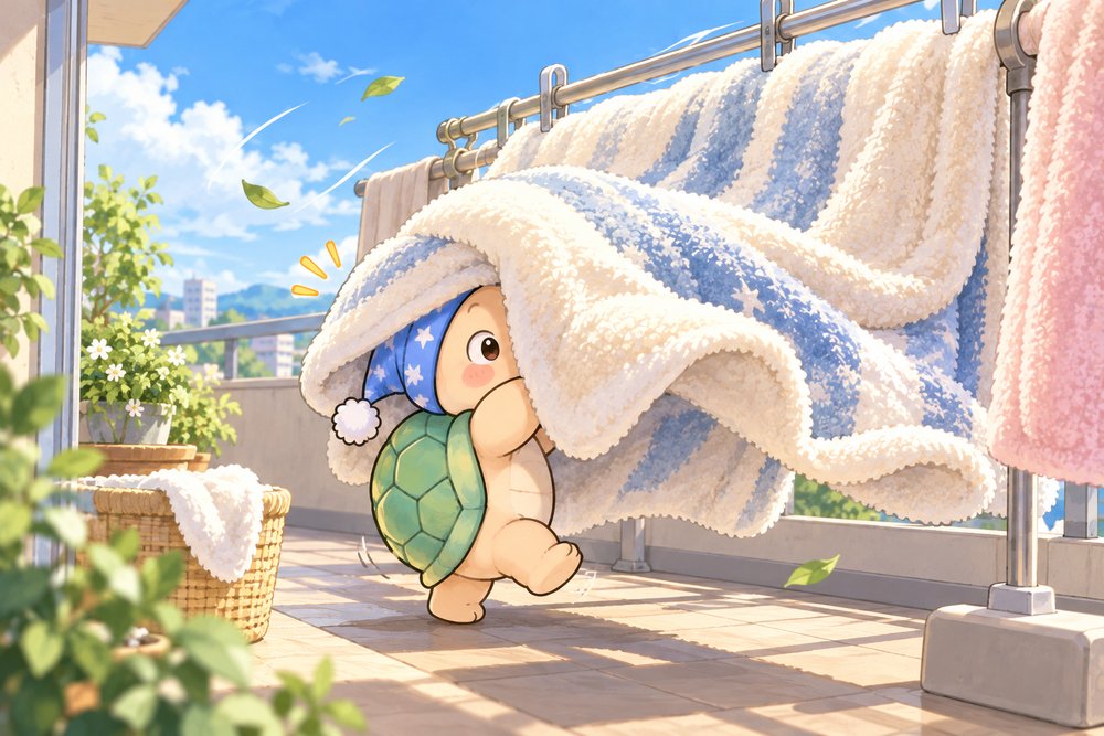 ベランダで干した毛布が風でかぶさるカメのナビ助