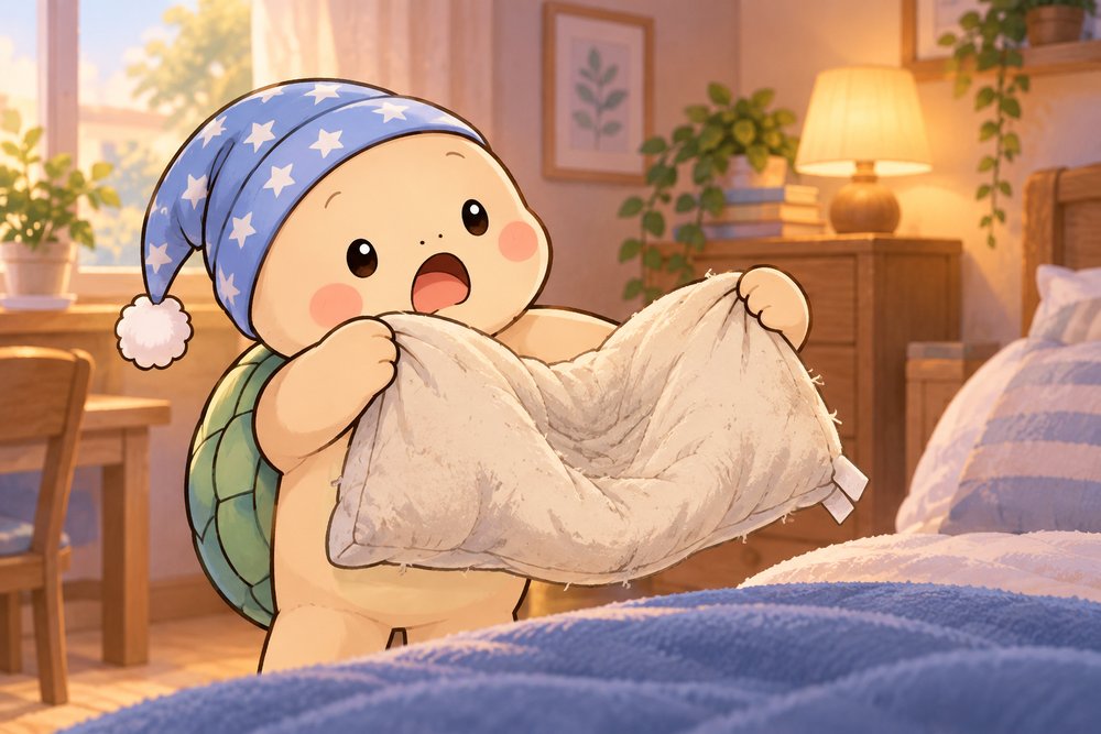 へたった古いまくらに驚くカメのナビ助