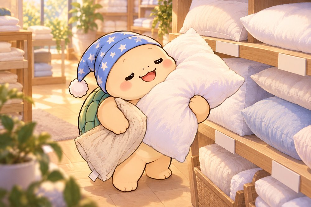 新しいまくらにほおずりするカメのナビ助