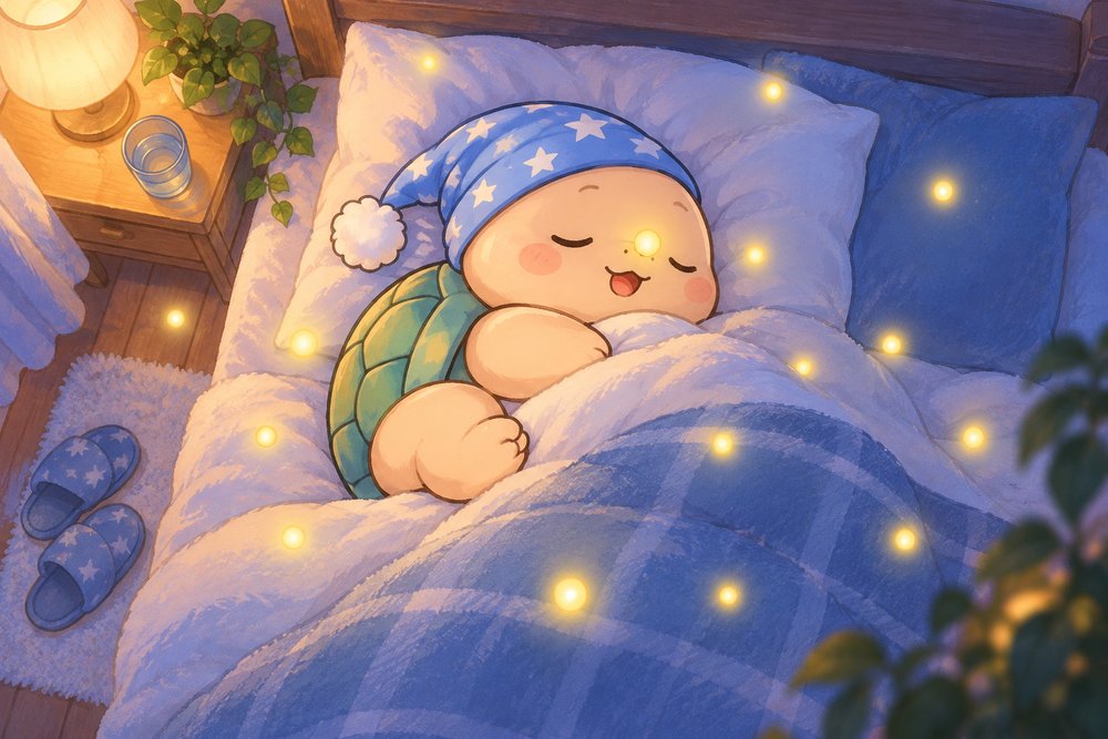 やさしい光の粒に囲まれてぐっすり眠るカメのナビ助